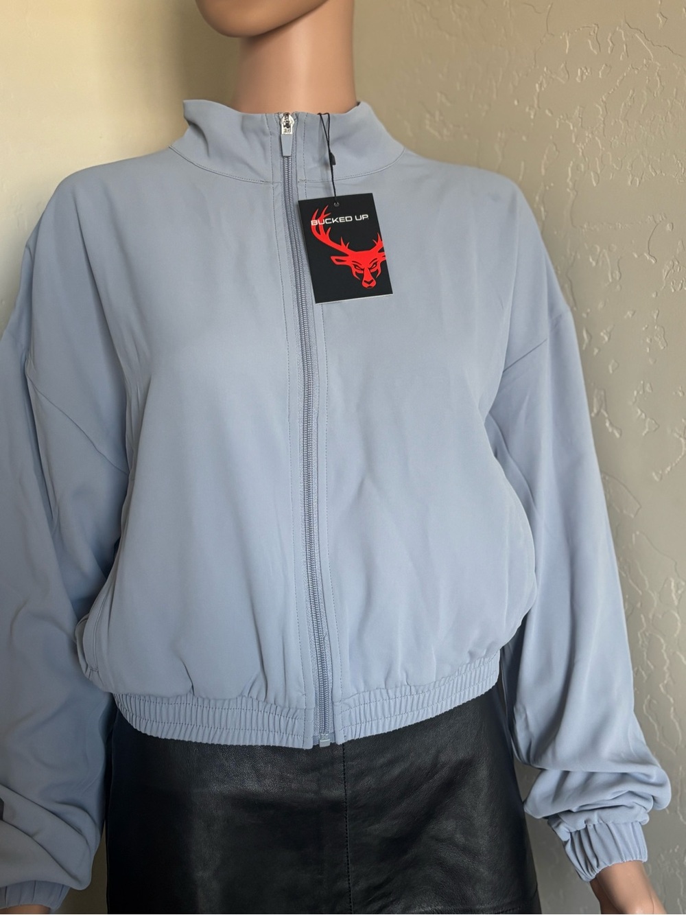 Cropped Zip-Front Bomber Jacket - Light Blue